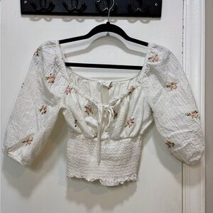 Kirious Los Angeles Floral White Smocked Women's Top Milkmaid Cottagecore